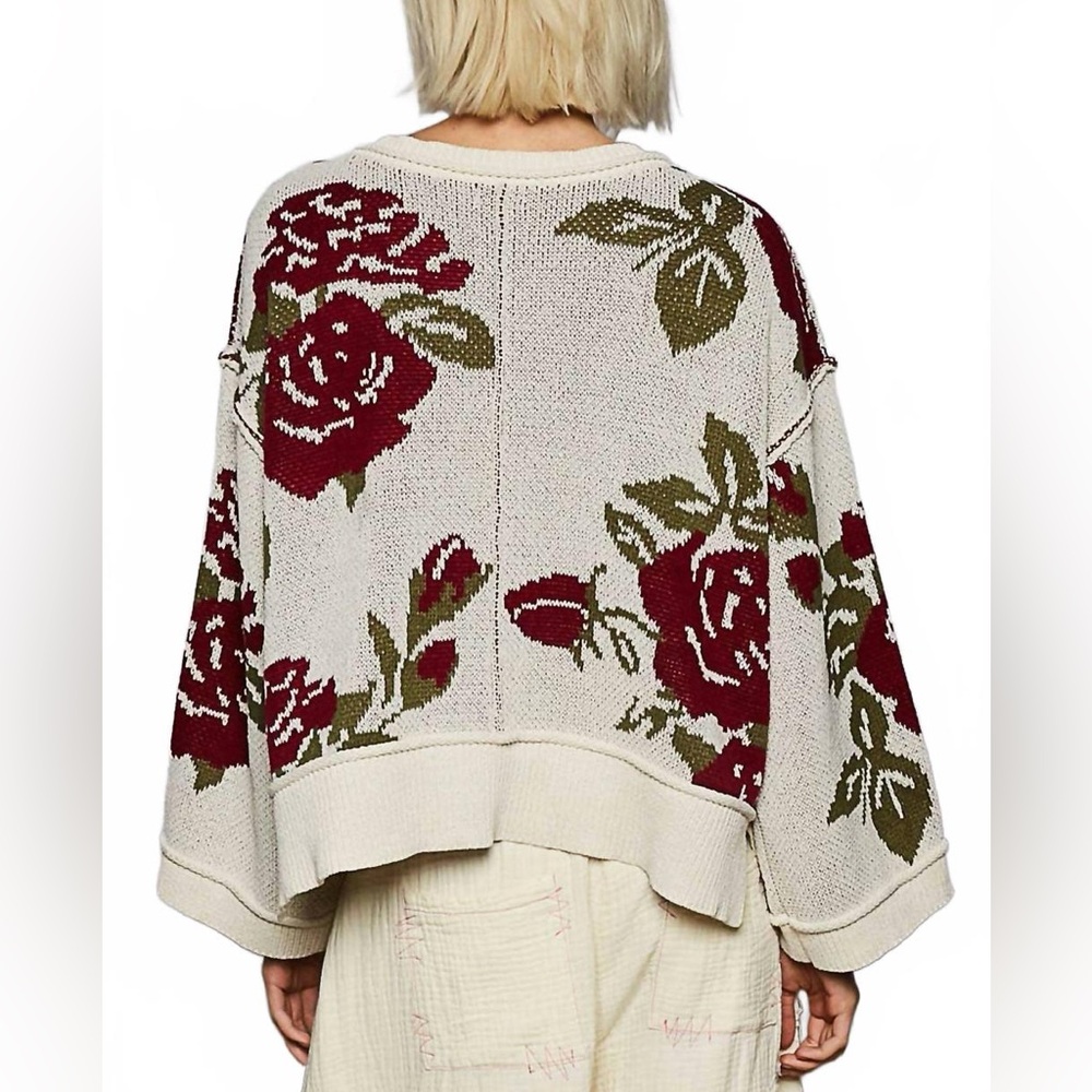 NEW🤎POL Long Sleeve Contrast Floral Sweater Top Small Oversized Cream - Picture 4 of 6